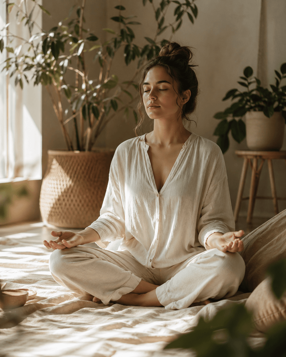 Person in calm meditation, open hands, warm natural light